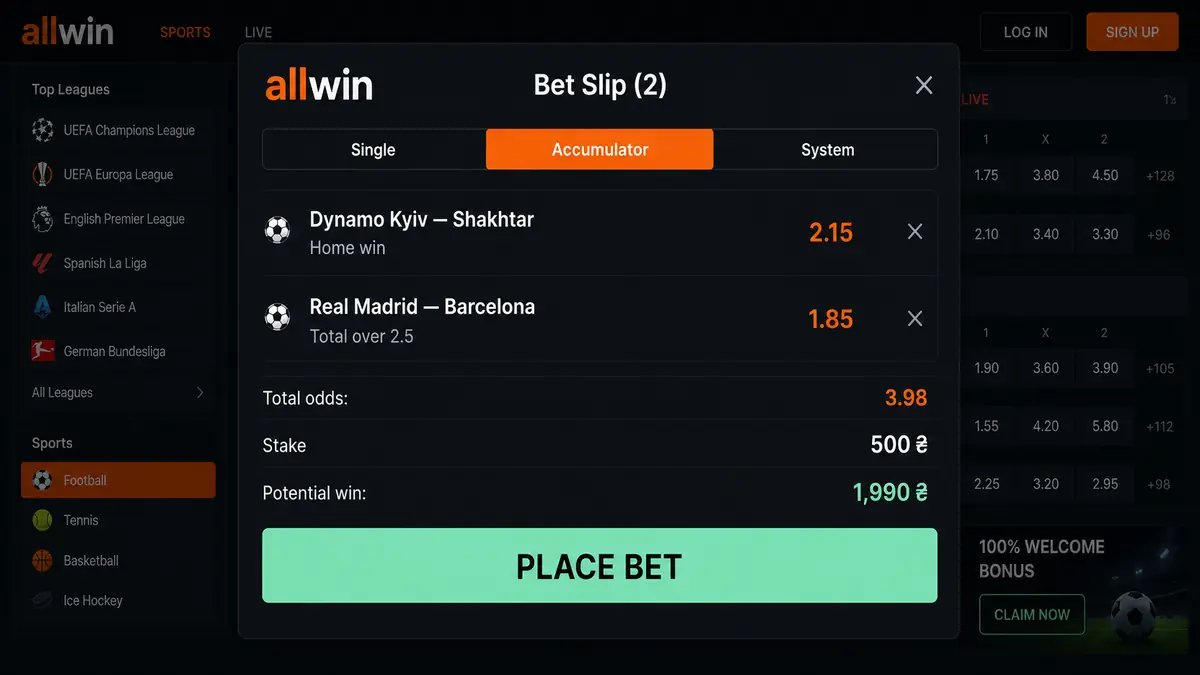Allwin UA bet slip with single, express and system bets