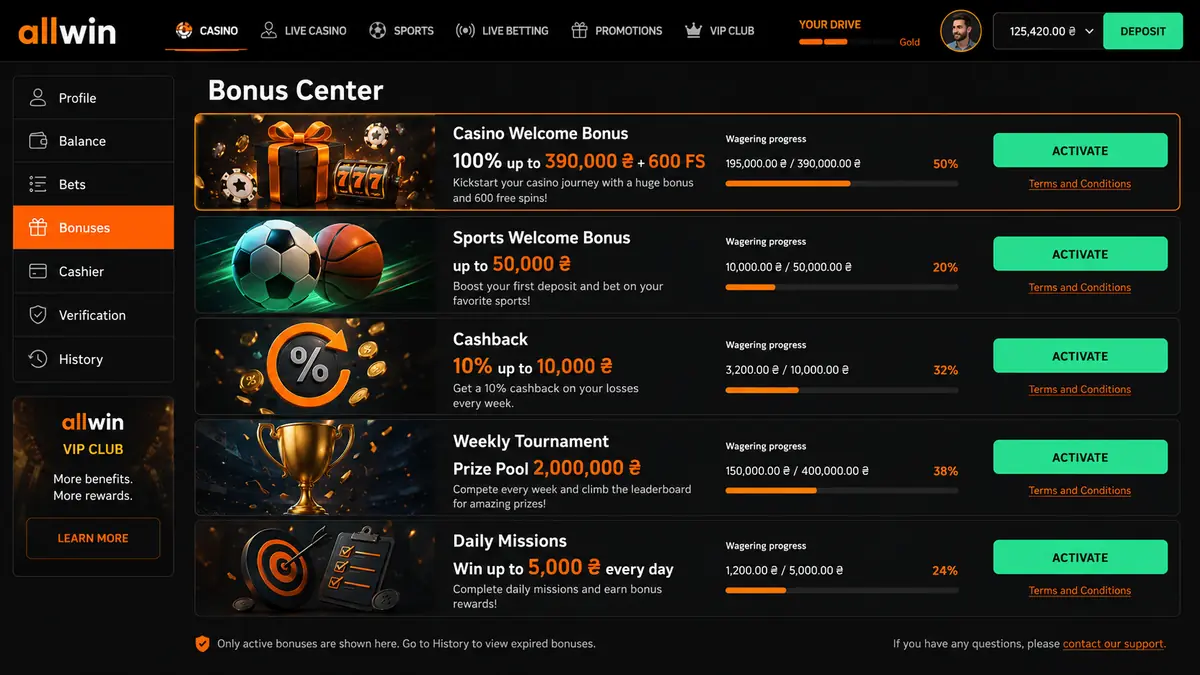 Allwin UA bonus centre with casino and sport welcome packages