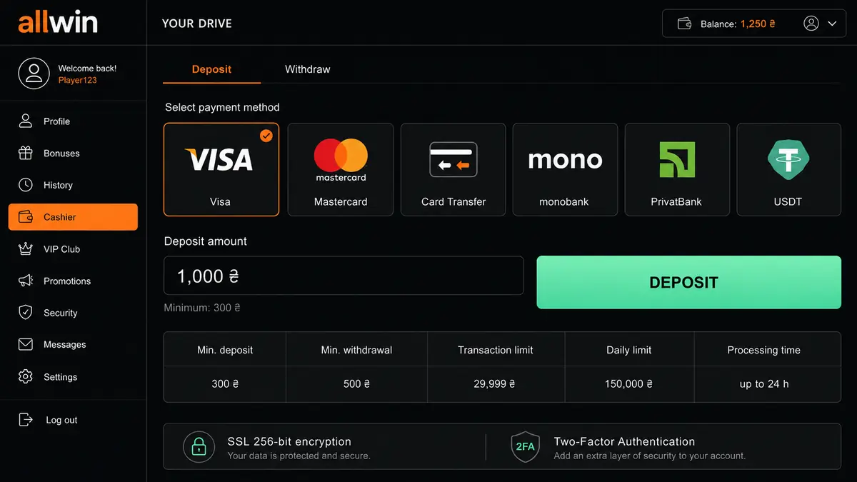 Allwin UA cashier with deposit methods