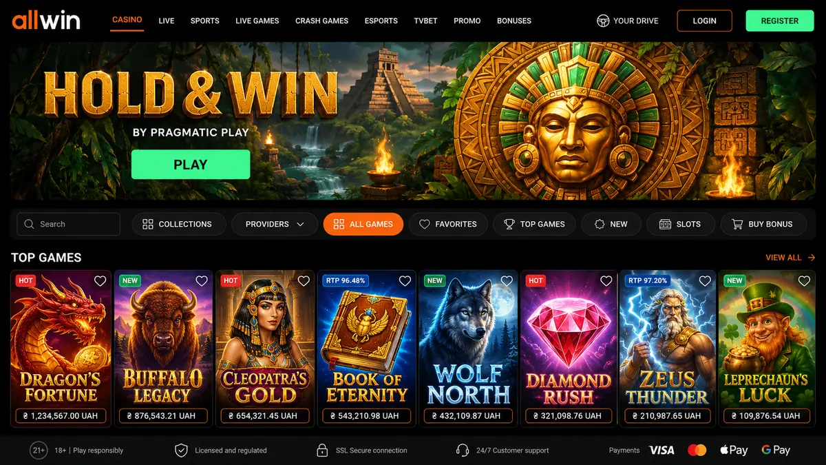 Allwin UA homepage with casino and bonuses