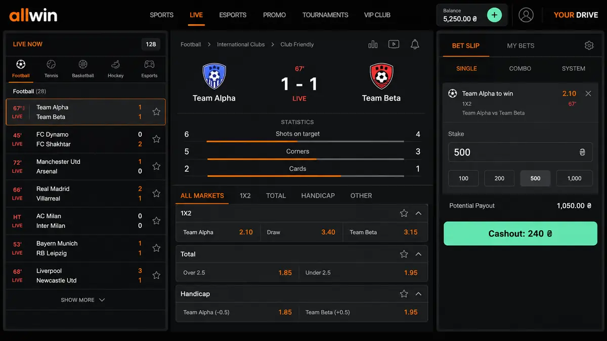 Live sports betting odds on Allwin UA