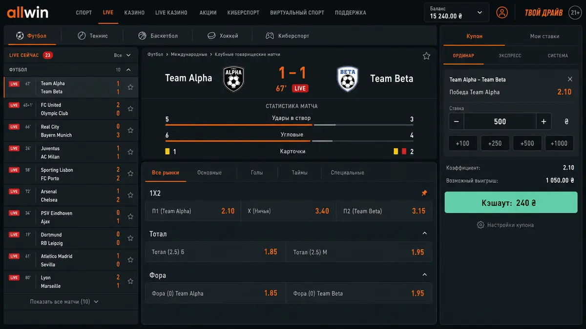 Live-ставки на спорт в Allwin UA с коэффициентами