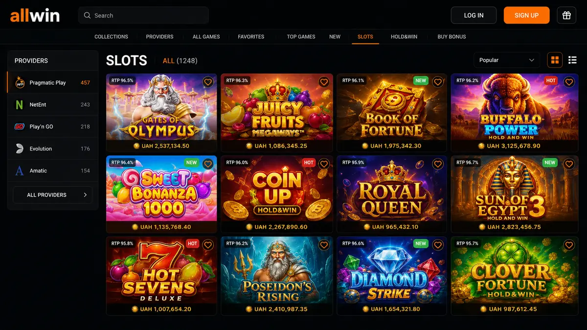 Allwin UA slots catalogue with providers and filters